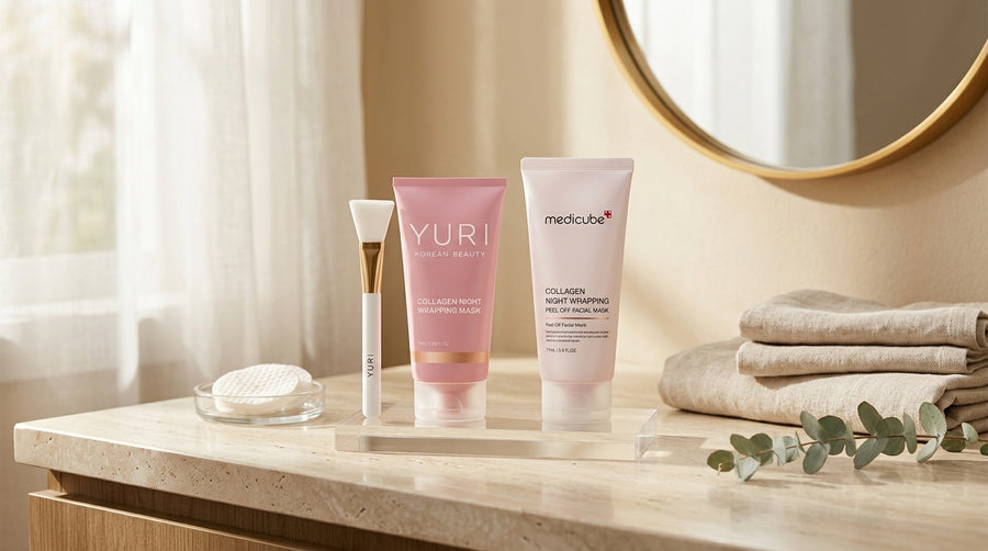Medicube collagen overnight wrapping peel off facial mask vs YURI Beauty Comparison